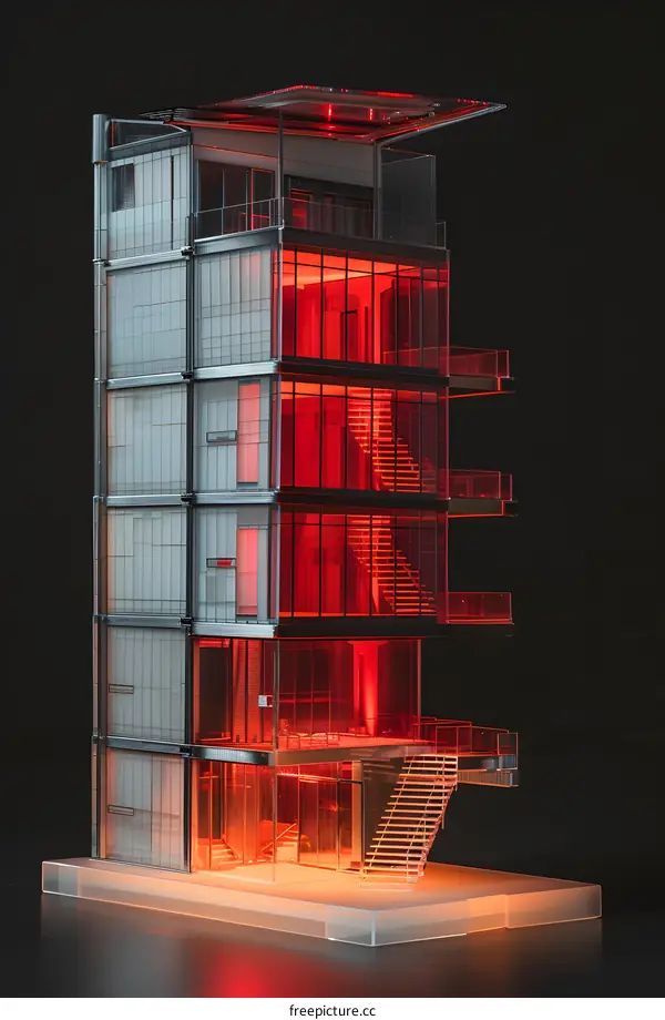 Modern Glass Building Model with Red Interior Lights