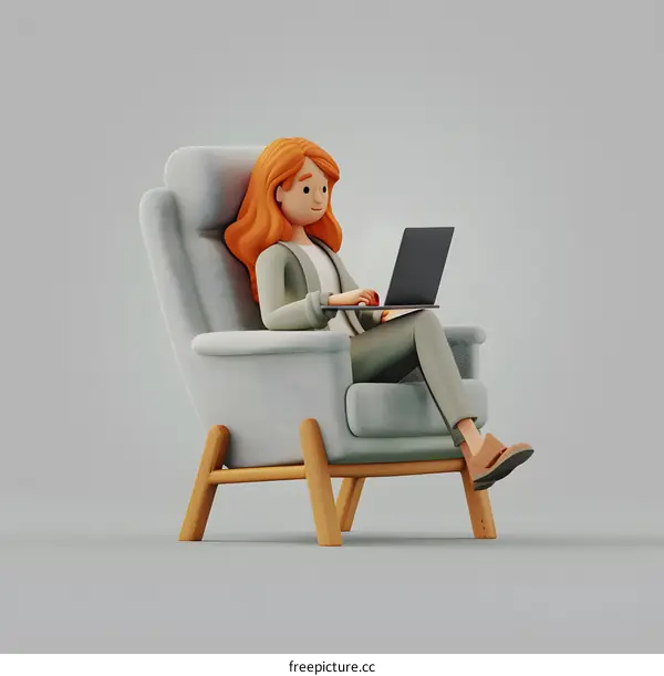 Woman in a Green Suit Sitting in a Chair and Working on a Laptop