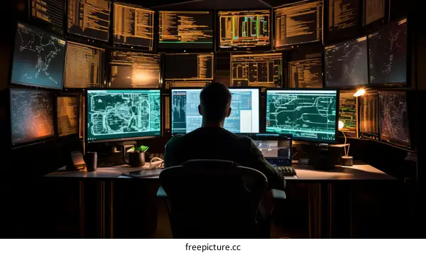 A hacker sits in a dark room surrounded by computer screens.
