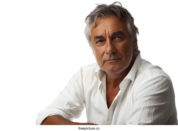 [Transparent Background PNG]Portrait of a Mature Man in White Shirt