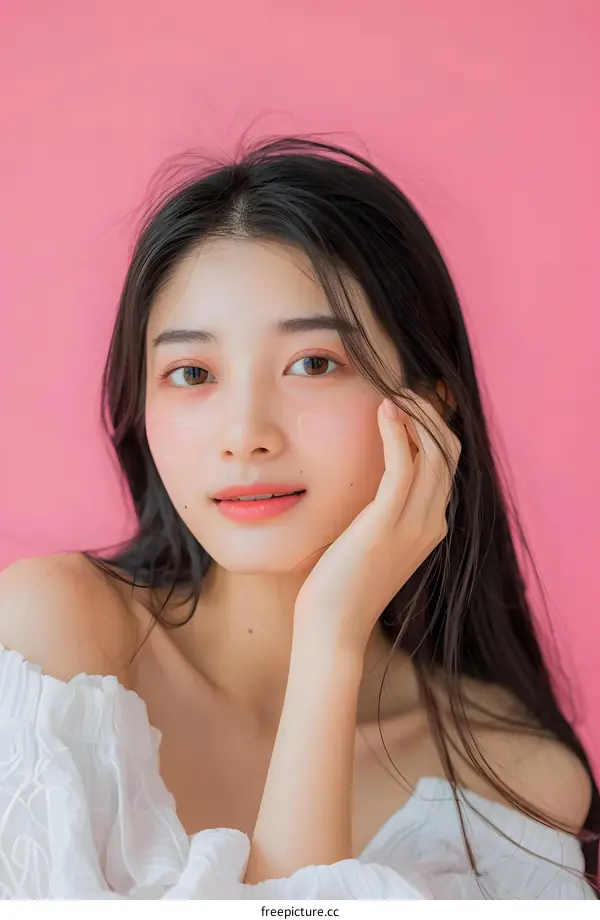 Portrait of a Young Asian Woman with Long Hair and White Shirt in Front of Pink Background