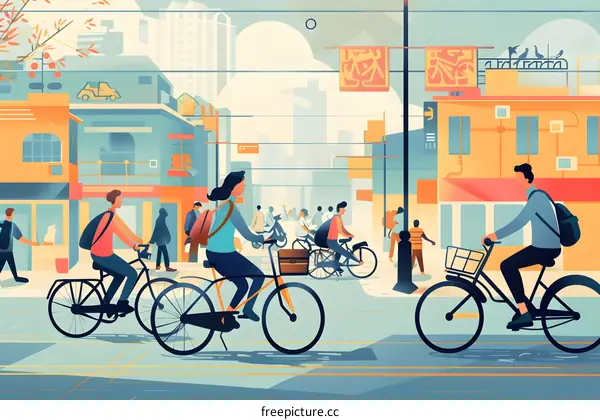 Colorful Illustration of People Riding Bicycles in a City