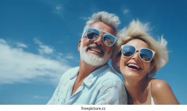 Happy Retired Couple Embracing on Beach Vacation