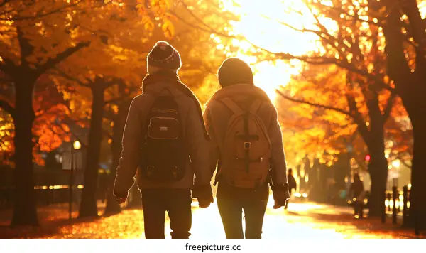 Couple Walking Through Autumn Trees on a Sunny Day