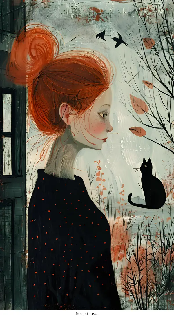 A girl with red hair and a black cat
