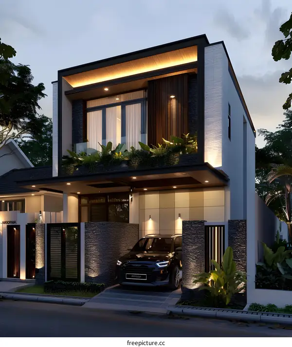Modern Two Story House Design with Black Car in Garage