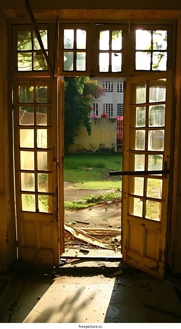 Old Wooden Door With Broken Glass Leading To The Garden