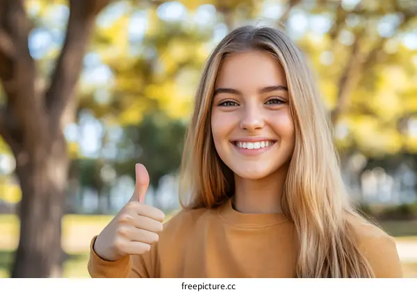 Smiling Caucasian Woman Gives Thumbs Up in Park
