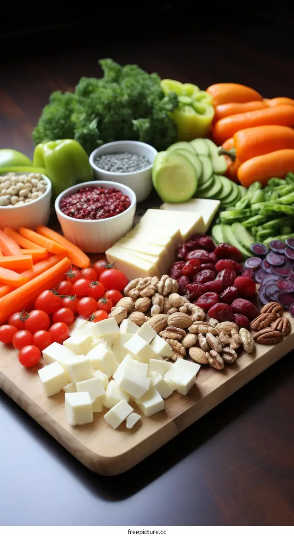 A wooden board full of healthy food including vegetables, cheese, nuts, and fruit