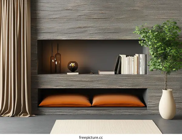 Modern Living Room Design with Stone Wall and Orange Cushions