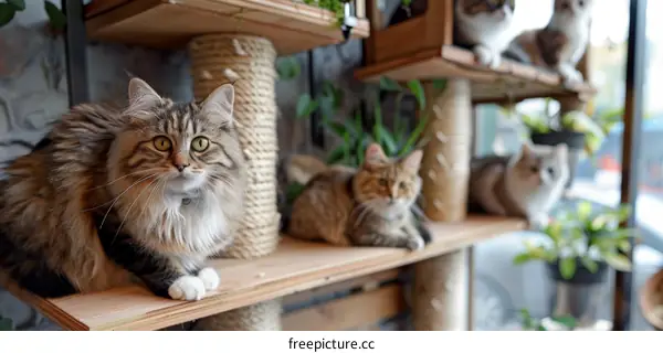 A group of cats sitting on a wooden shelf in a pet store