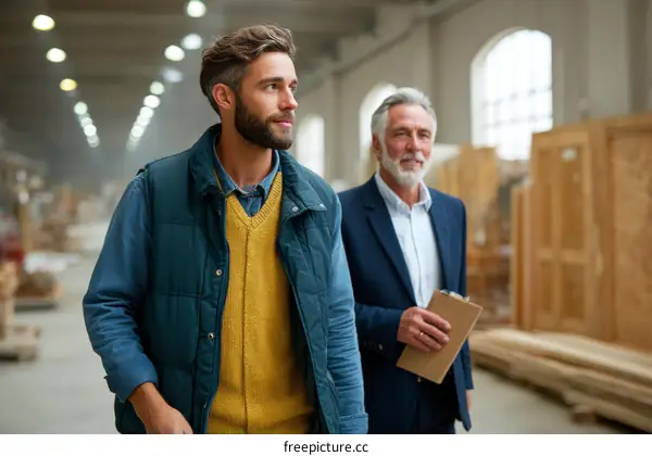 Two Caucasian Businessmen Inspecting a Wooden Warehouse