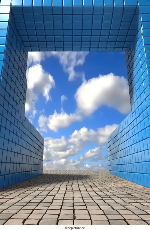 Blue Tile Archway Leads to Sky with Clouds
