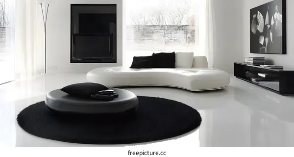 Modern Living Room Interior Design With White Sofa And Black Rug