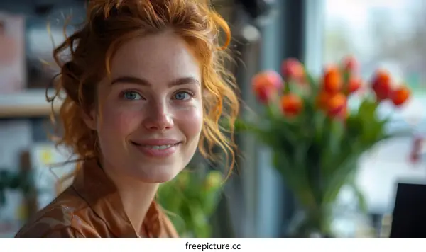 portrait of a smiling redheaded woman with freckles