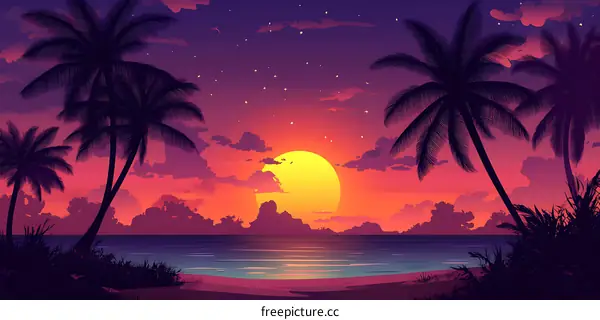 Tropical Sunset With Palm Trees and Stars in the Sky