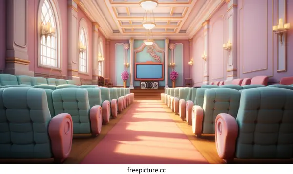 Retro Auditorium with Pastel Pink and Blue Interior