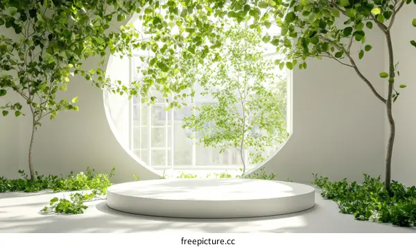 Modern Minimalist Empty Stage with Lush Greenery