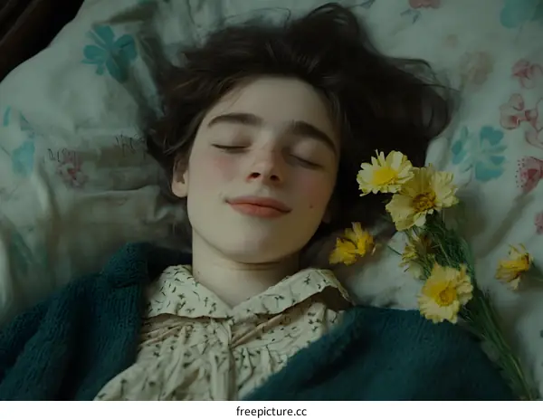 Sleeping Woman with Flowers on Bed