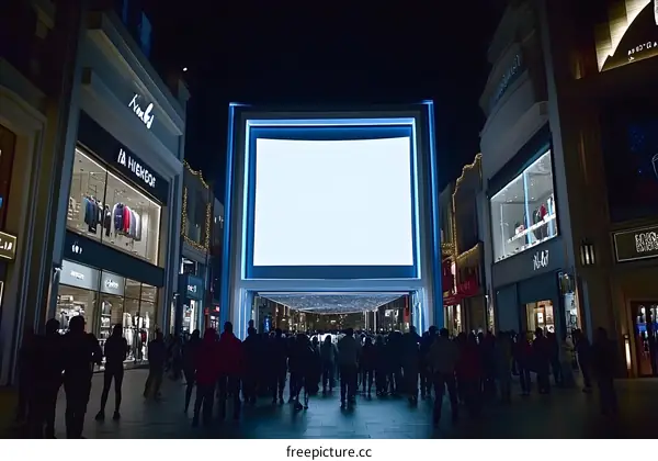 Crowd of People Gathering at Night Around a Big Blank Illuminated Screen