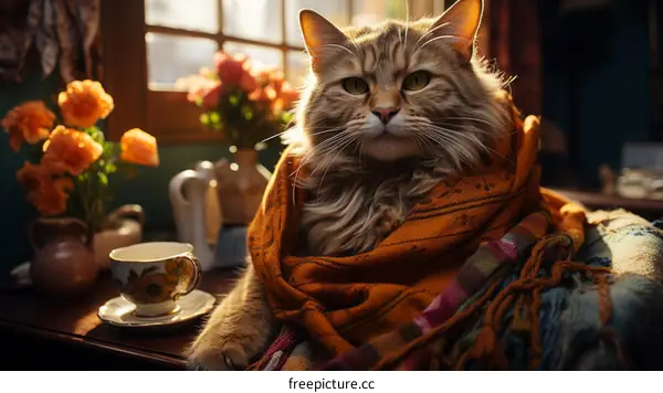 Cozy Ginger Cat Wearing a Scarf Relaxing on a Chair