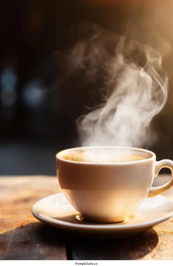 Cappuccino in a white cup on a wooden table