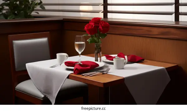 A table set for two with a vase of red roses
