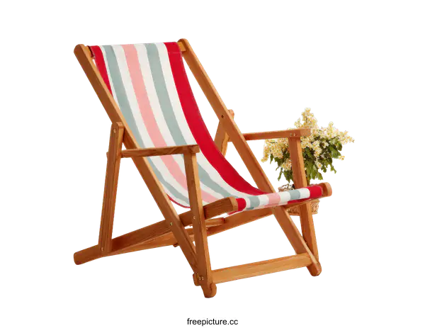 [Transparent Background PNG]Striped Wooden Beach Chair with Flowers
