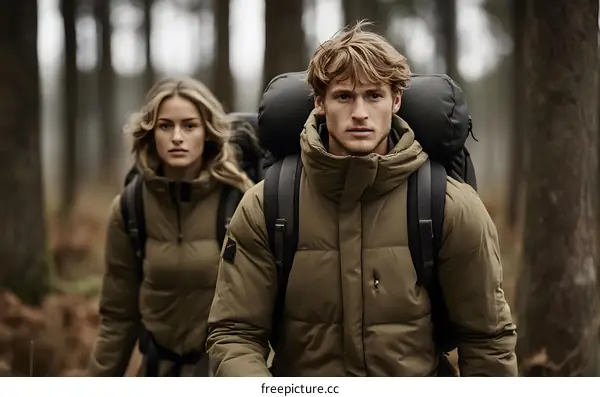 Couple Hiking In The Forest With Backpacks On A Winter Day