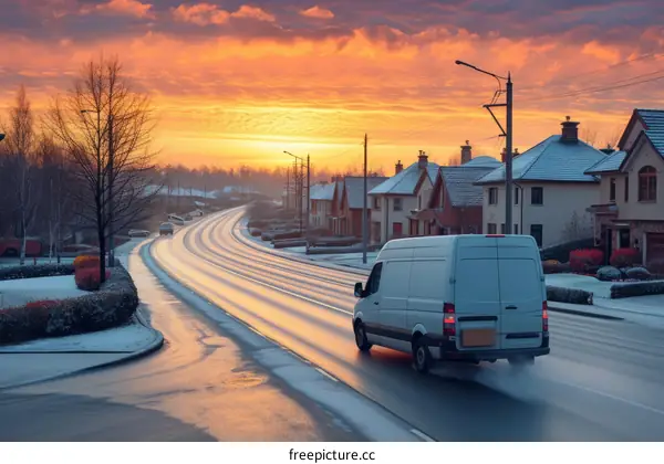 A white van drives through a snowy neighborhood in the early morning