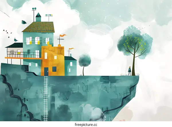 House on a Cliff with a Person Standing on a Cliff