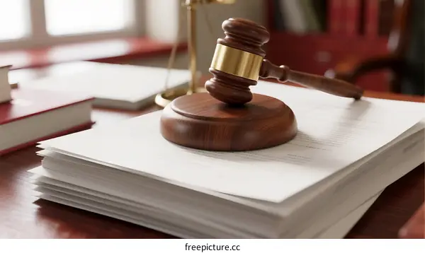 A wooden gavel placed on top of stack of legal documents