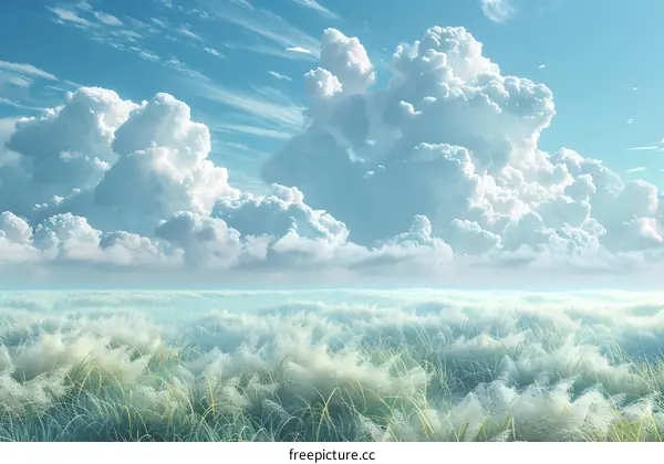 Field of white grass under blue sky with white clouds