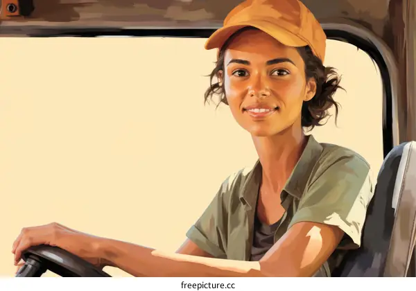 Portrait of a smiling young woman wearing an orange cap and driving a safari vehicle