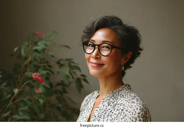 Smiling Asian Woman Portrait with Plants