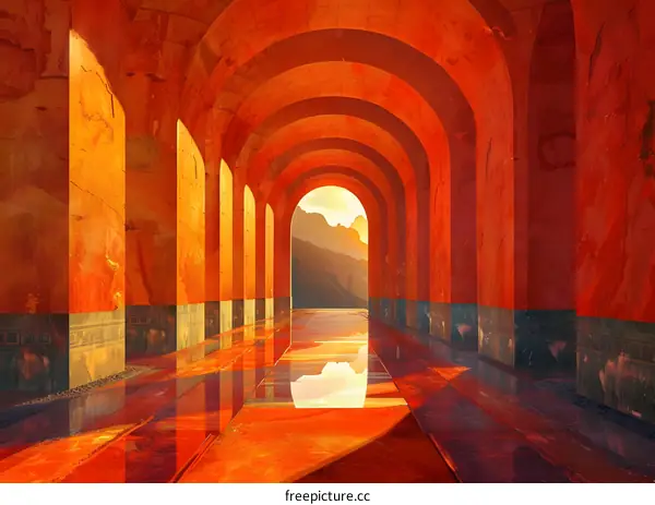 Long corridor with red arches