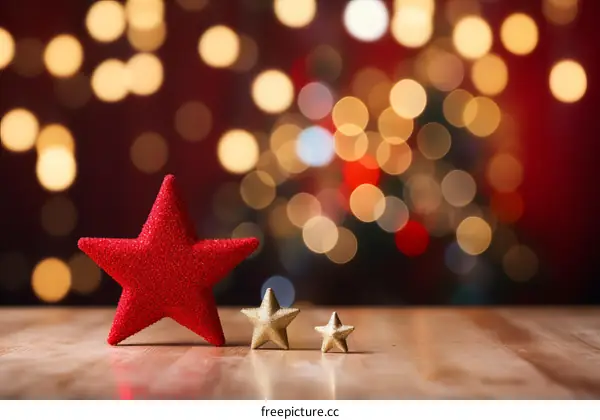 3D Stars on Wooden Table with Blurred Christmas Lights Background