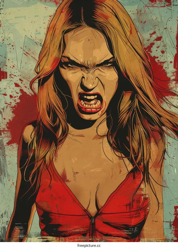Illustration of a blonde woman screaming with blood splatter in the background