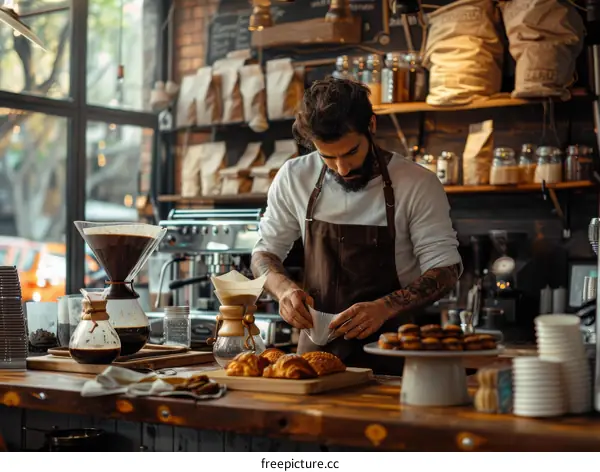 Bearded man making coffee in a coffee shop
