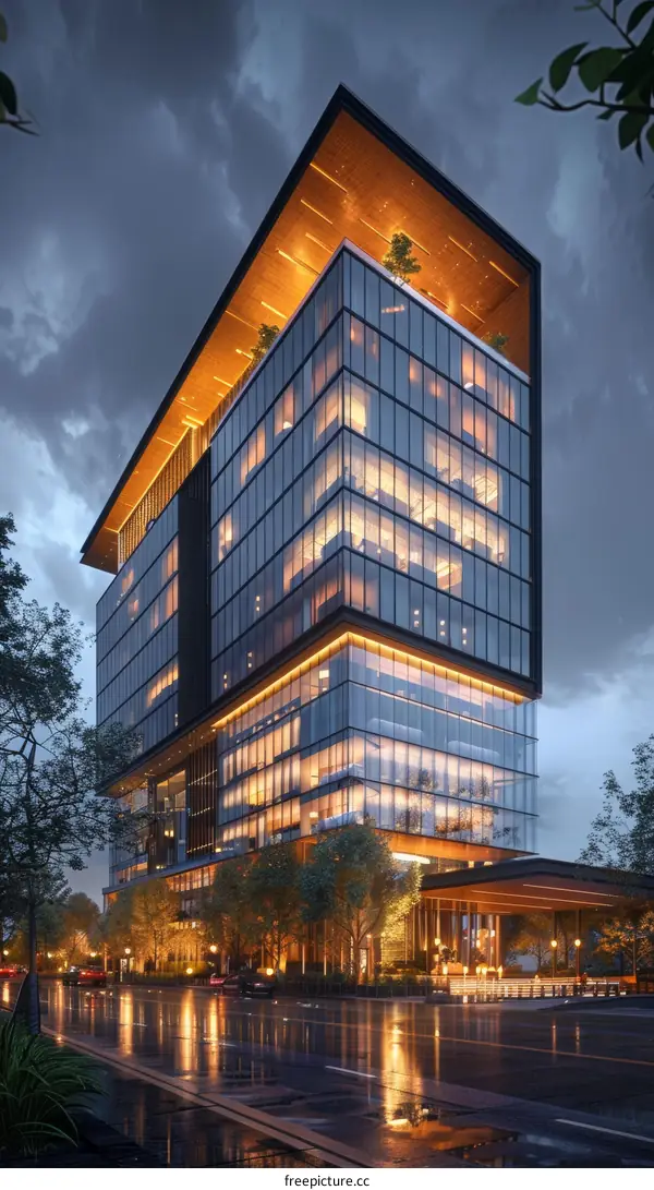 futuristic office building exterior with glass windows