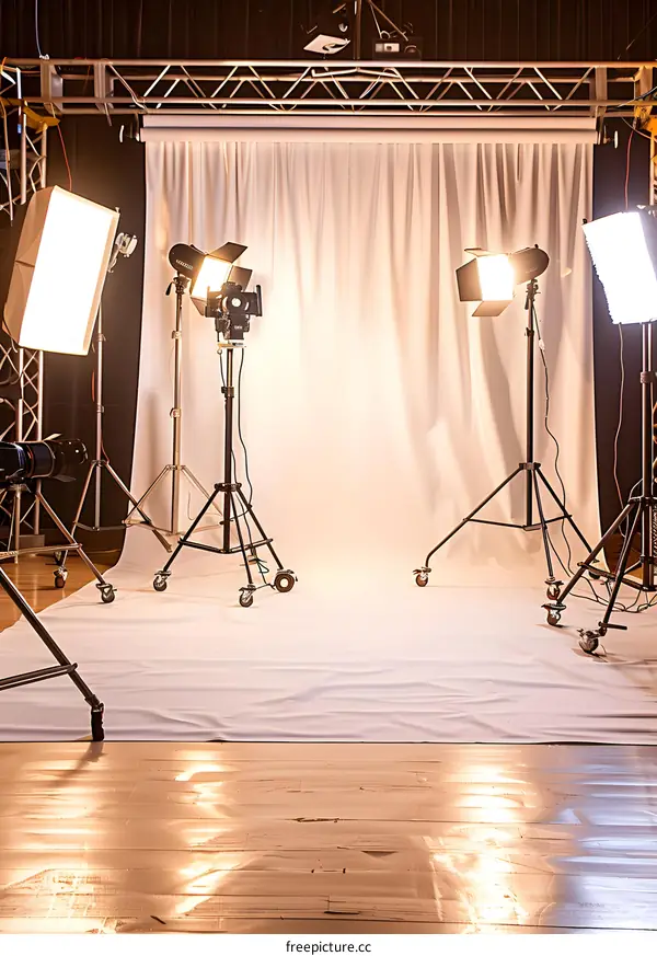 Photo Studio Set with Lighting Equipment and White Backdrop