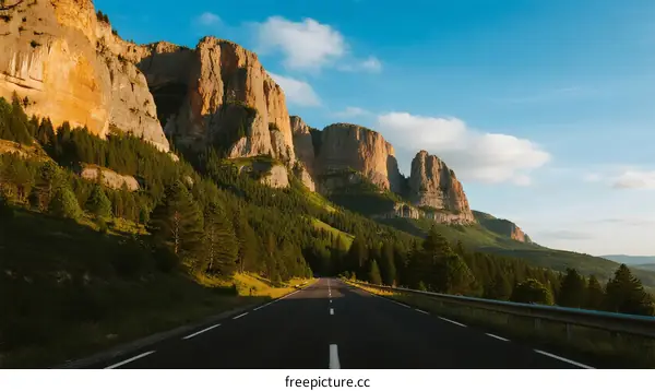 Scenic road winding through majestic mountain cliffs under clear sky