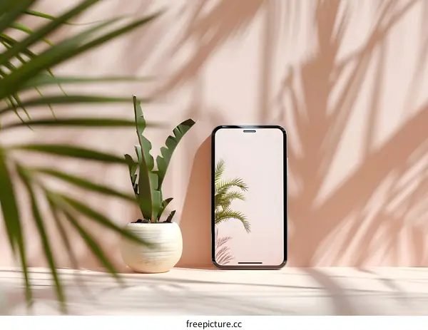 Palm Tree Shadow On Smartphone Screen With A Potted Plant In Front