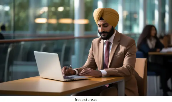 A Sikh man in a suit and turban works on his laptop in a modern office