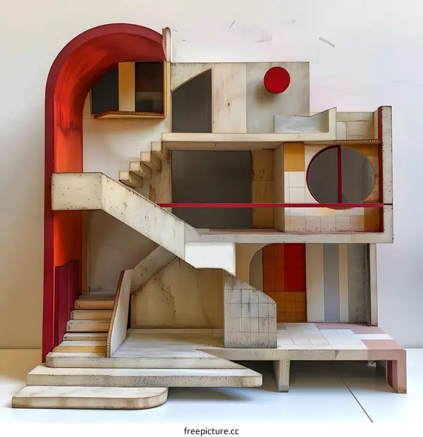 Modern Architectural Model With Wooden Structure and Red Details