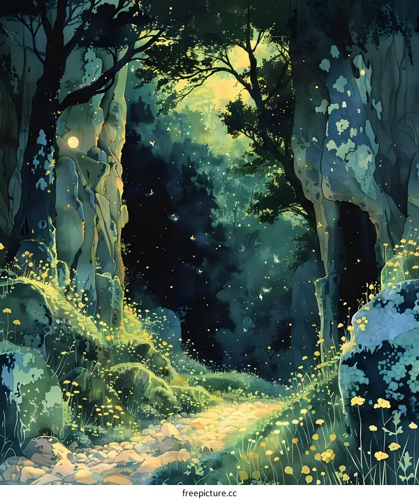 Glowing Path Through Enchanted Forest