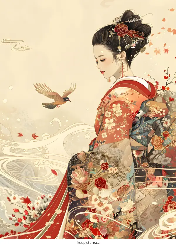An illustration of a Japanese woman in a kimono with a bird flying in the background