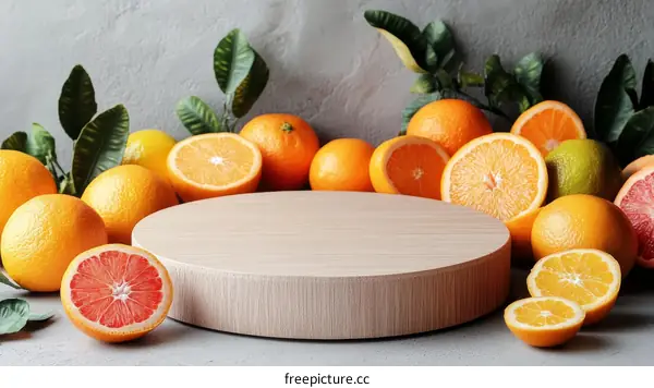 Fresh Citrus Fruits Display on a Wooden Platform