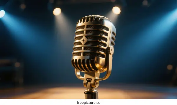 Classic gold microphone on stage with bright spotlights