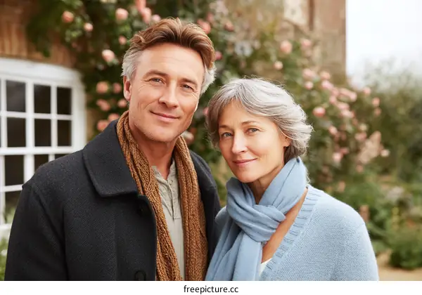 Couple Portrait in Front of a House with Flowers